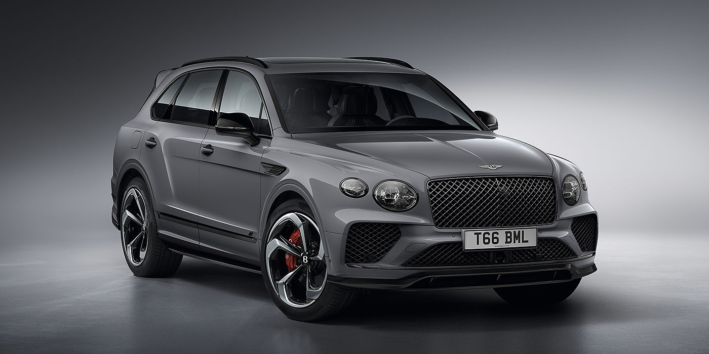 Bentley Marbella Bentley Bentayga S in Cambrian Grey paint front three - quarter view with dark chrome matrix grille and featuring elliptical LED matrix headlights. 