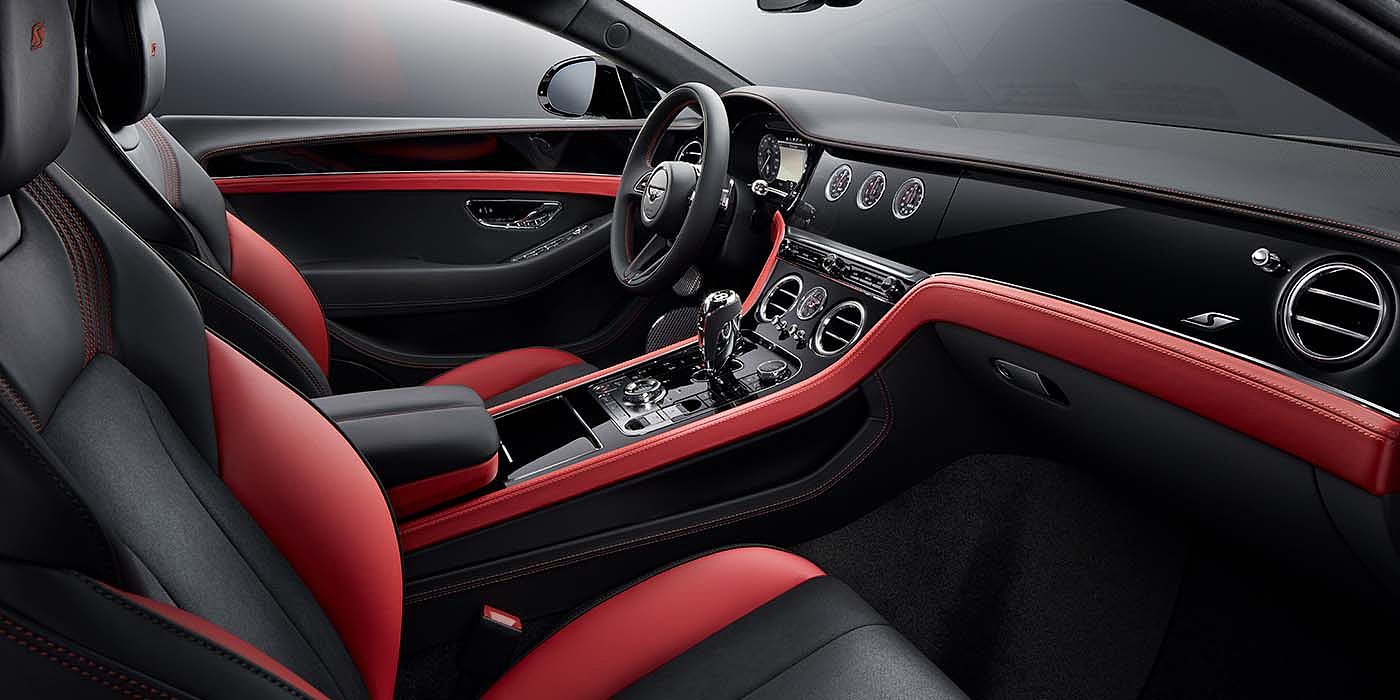 Bentley Marbella Bentley Continental GT S coupe front interior in Beluga black and Hotspur red hide with high gloss Carbon Fibre veneer