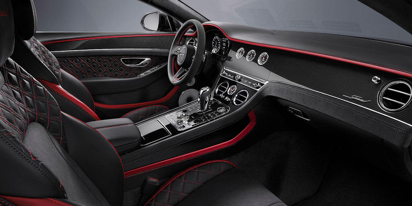 Bentley Marbella Bentley Continental GT Speed coupe front interior in Beluga black and Hotspur red hide
