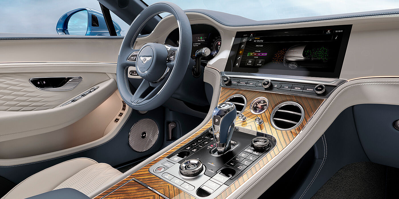 Bentley Marbella New Bentley Continental GTC Azure convertible interior front cabin view with Linen and Brunel hides and Piano Linen by Mulliner veneer featuring centre console and centre MMI screen