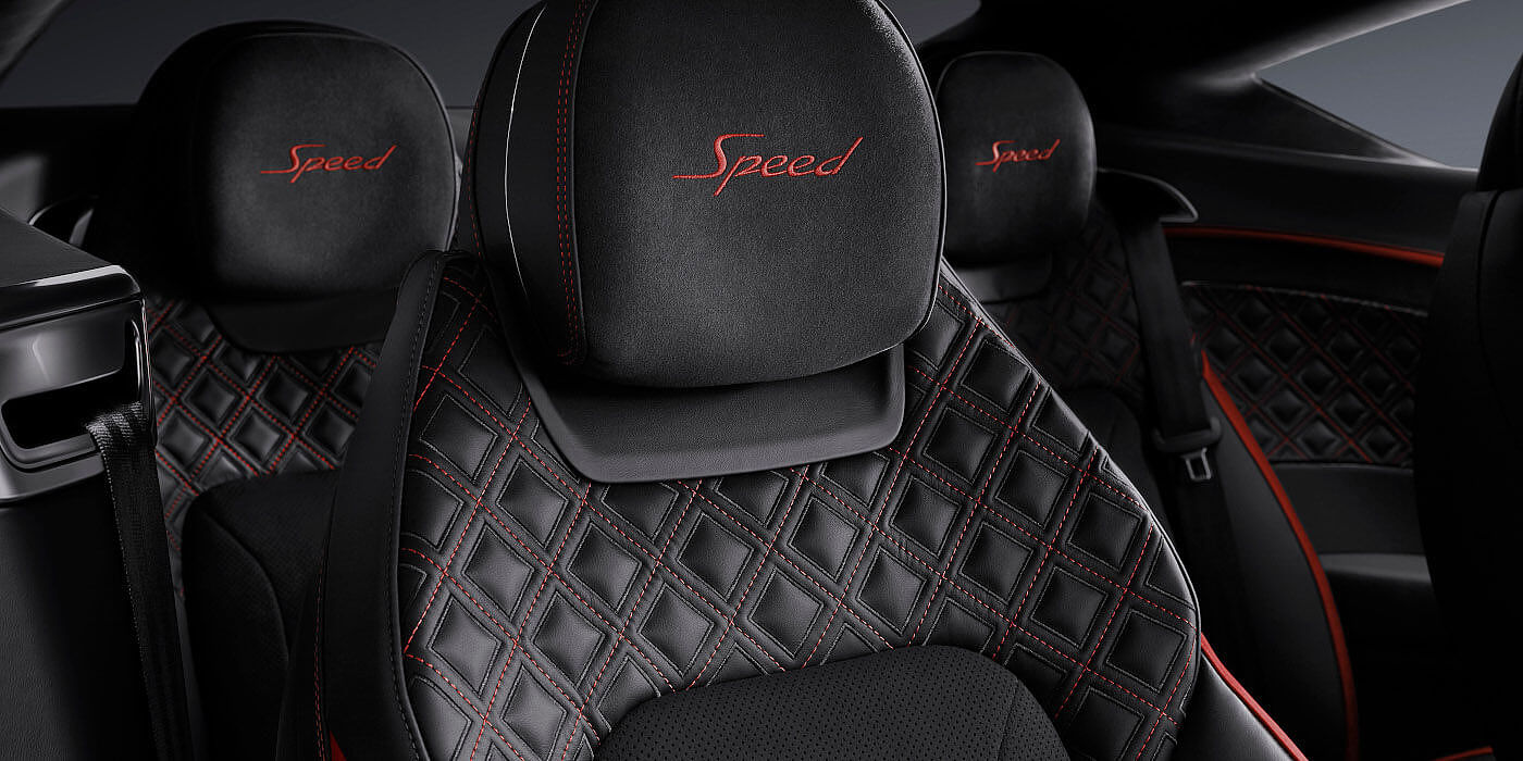 Bentley Marbella Bentley Continental GT Speed coupe seat close up in Beluga black and Hotspur red hide