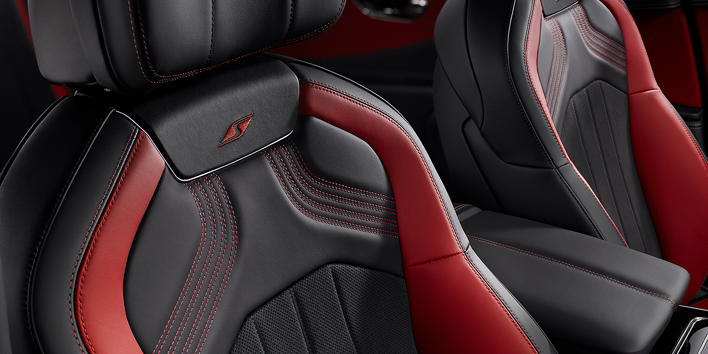 Bentley Marbella Bentley Flying Spur S seat in Beluga black and \hotspur red hide with S emblem stitching