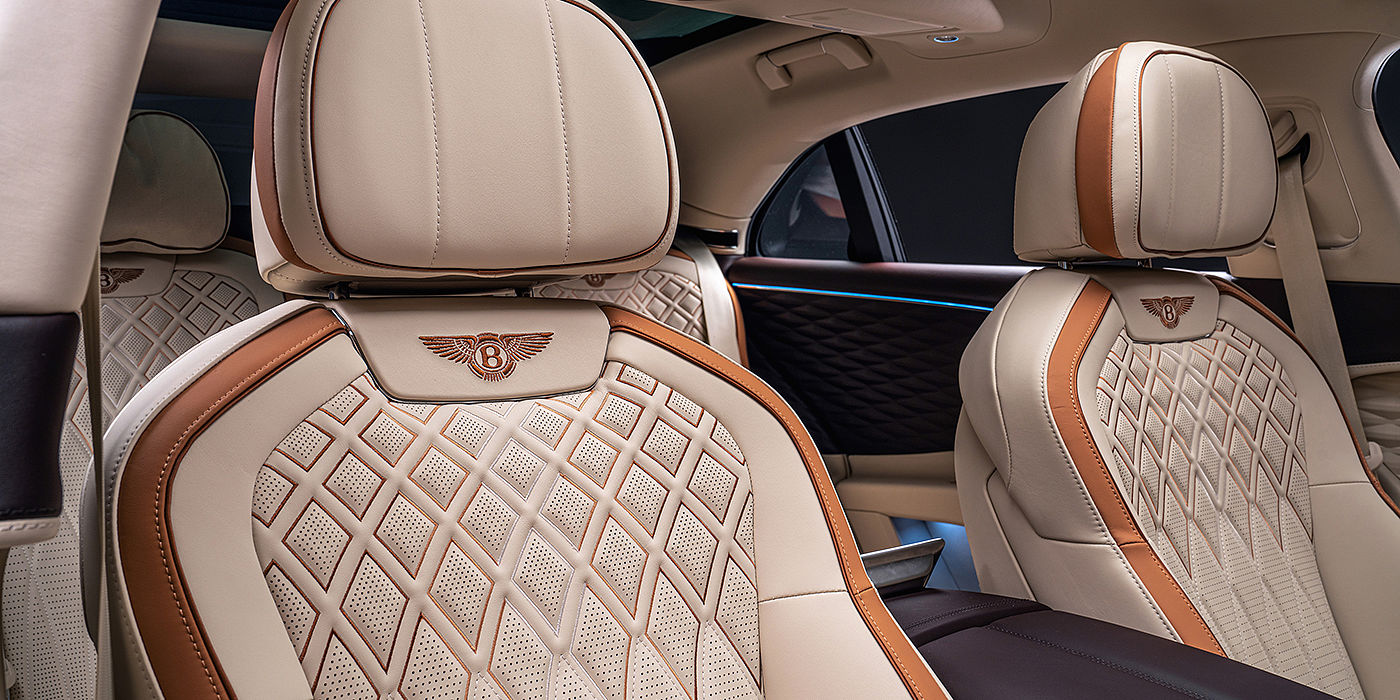 Bentley Marbella Bentley Flying Spur Odyssean sedan rear seat detail with Diamond quilting and Linen and Burnt Oak hides