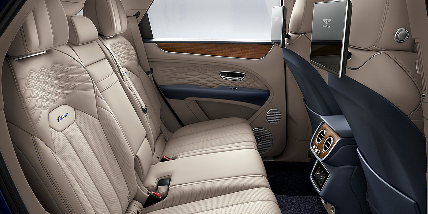 Bentley Marbella Bentey Bentayga Azure interior view for rear passengers with Portland hide and Rear Seat Entertainment. 