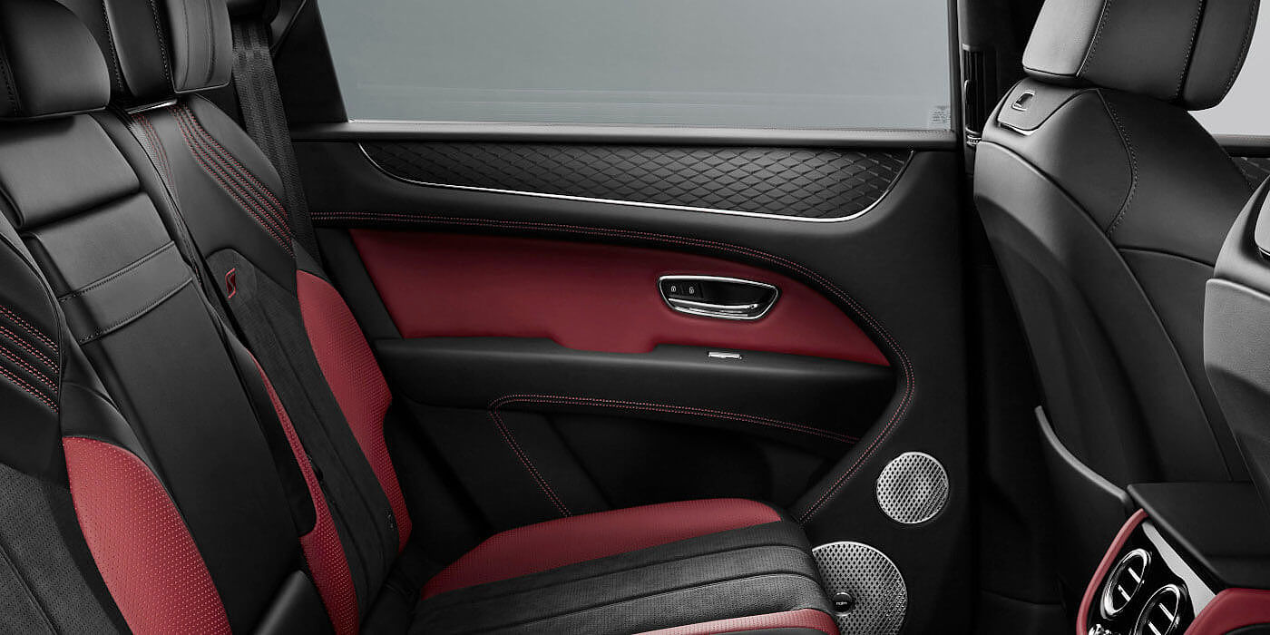 Bentley Marbella Bentley Bentayga S SUV rear interior in Beluga black and Hotspur red hide