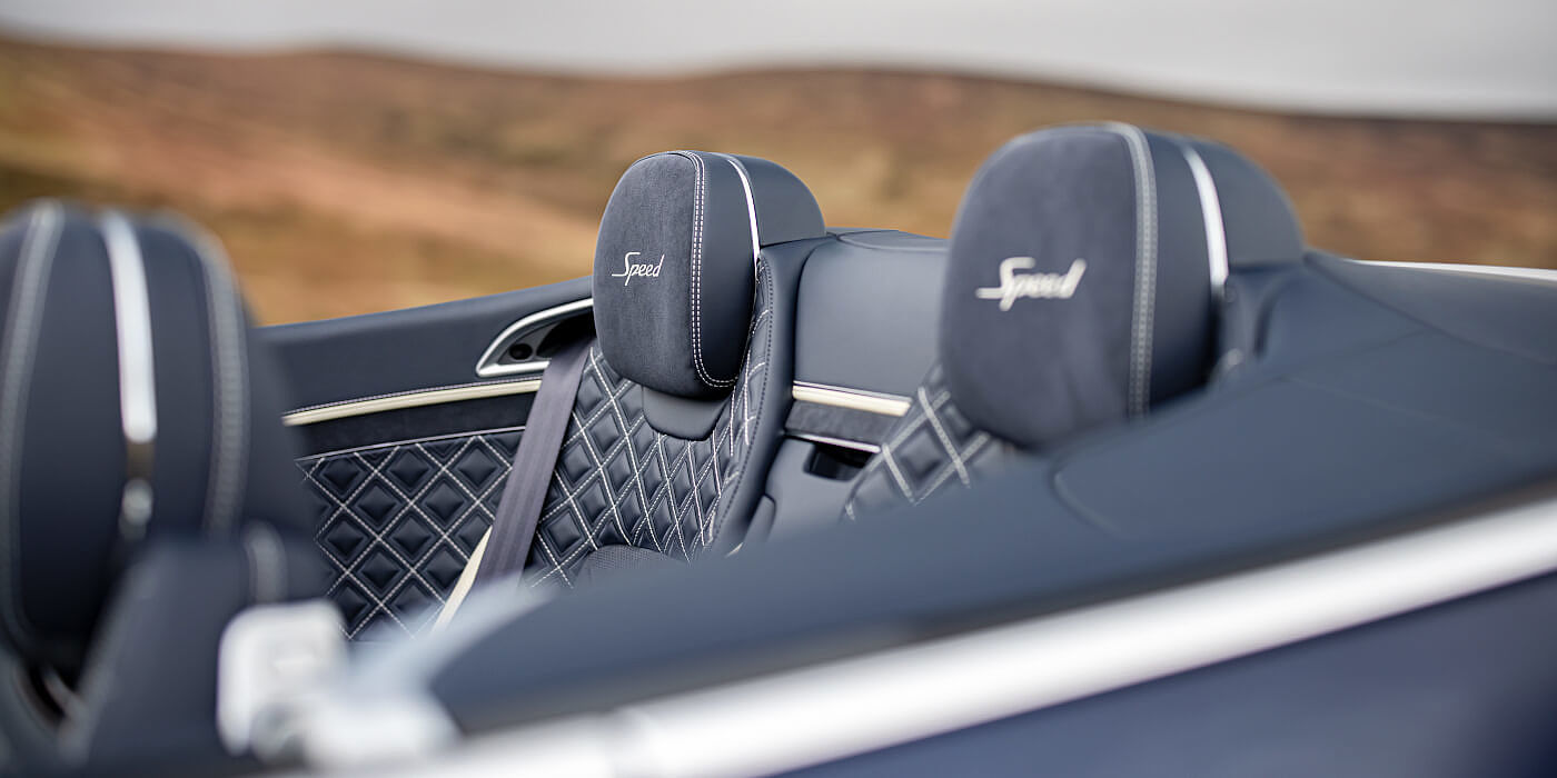 Bentley Marbella Bentley Continental GTC Speed convertible rear interior in Imperial Blue and Linen hide