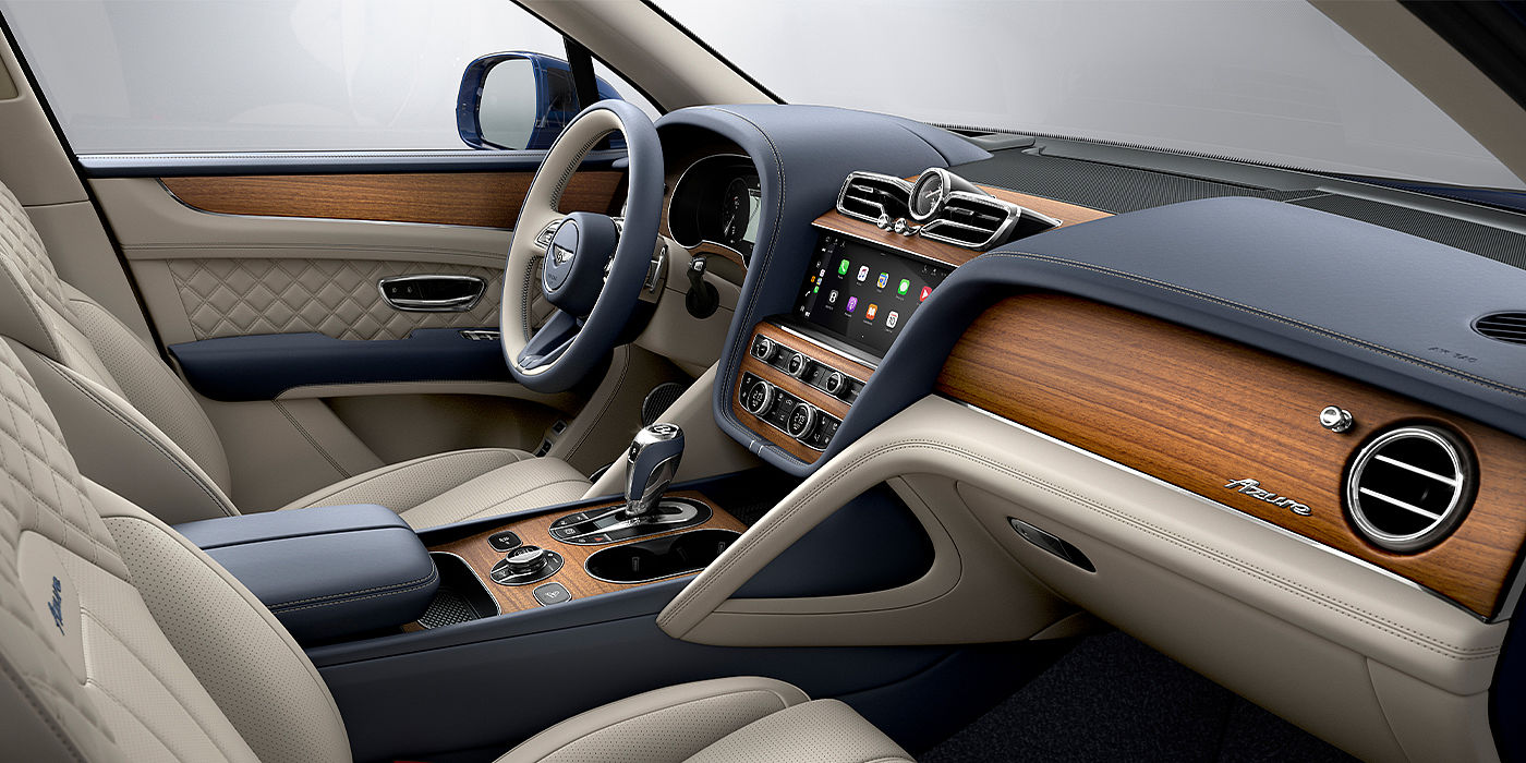 Bentley Marbella Bentley Bentayga Azure SUV front interior in Imperial Blue and Linen hide