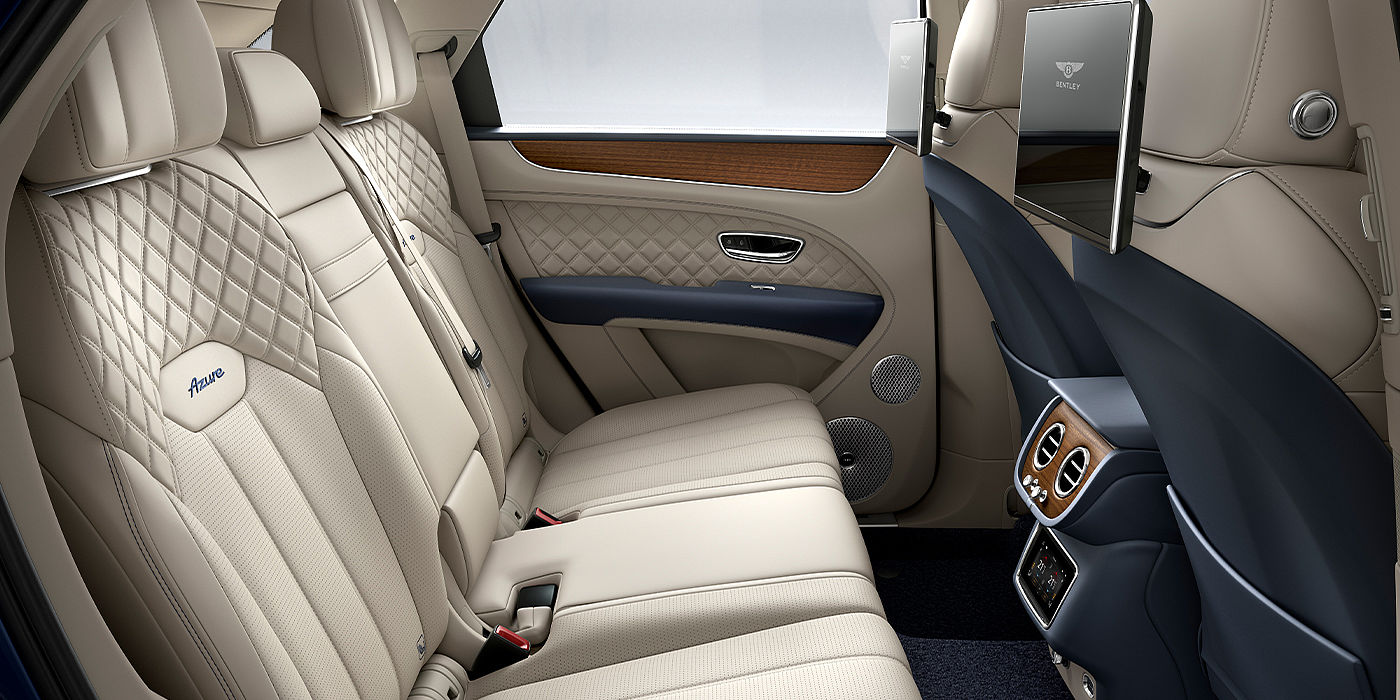 Bentley Marbella Bentley Bentayga Azure SUV rear interior in Imperial Blue and Linen hide