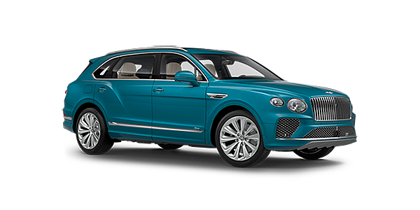 Bentley Marbella Bentley Bentayga EWB Azure front side angled view in Topaz blue coloured exterior. 
