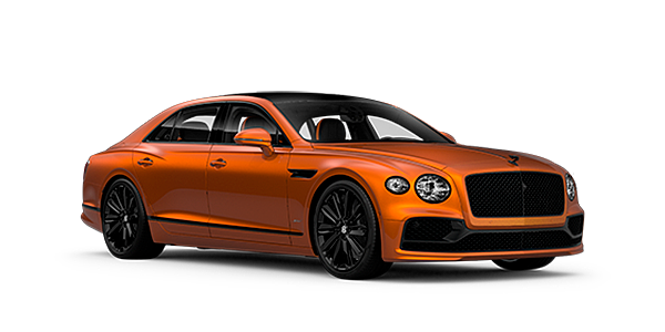 Bentley Marbella Bentley Flying Spur Speed front side angled view in Orange Flame coloured exterior. 