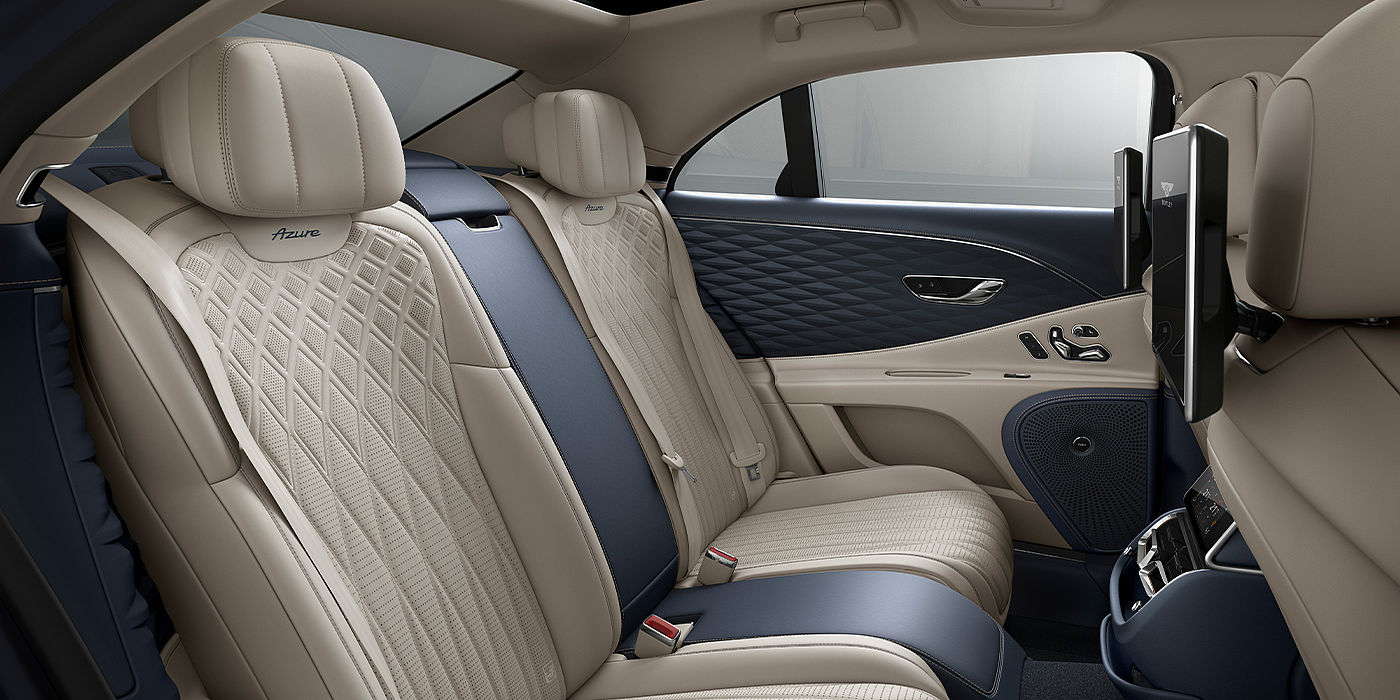 Bentley Marbella Bentley Flying Spur Azure sedan rear interior in Imperial Blue and Linen hide