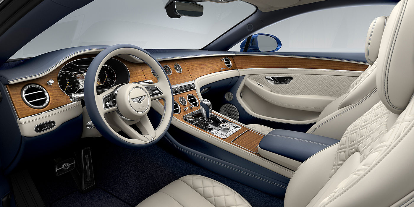 Bentley Marbella Bentley Continental GT Azure coupe front interior in Imperial Blue and linen hide