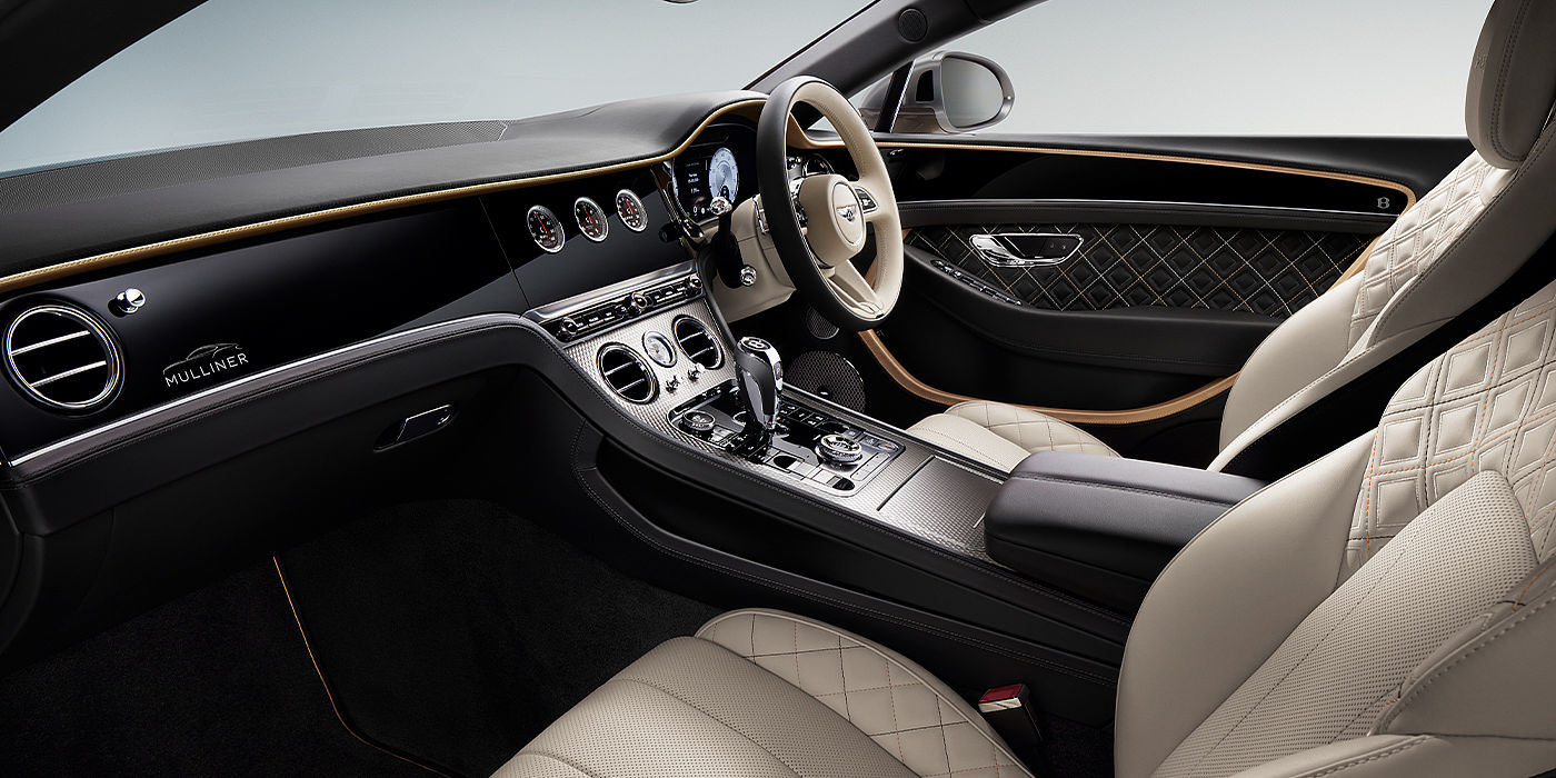 Bentley Marbella Bentley Continental GT Mulliner coupe front interior in Beluga black and Linen hide