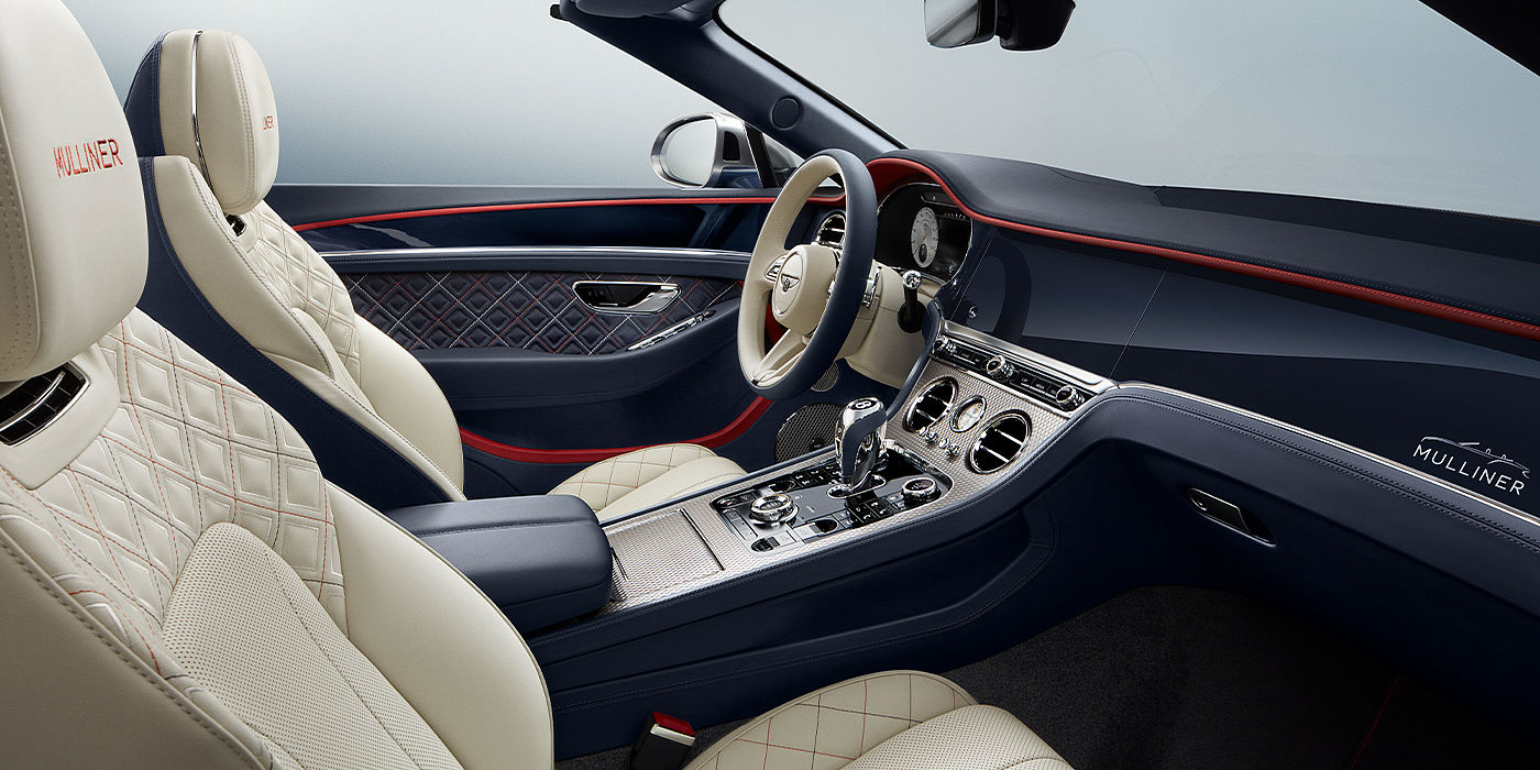 Bentley Marbella Bentley Continental GTC Mulliner convertible front interior in Imperial Blue and Linen hide