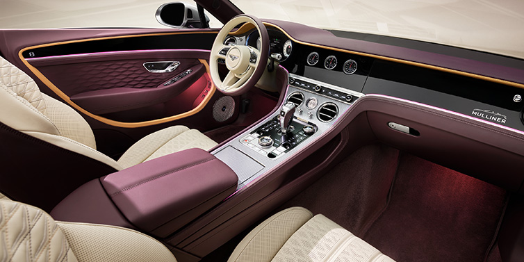 Bentley Marbella Bentley Continental GTC Mulliner convertible front interior including Linen and Damson purple hides and Grand Black veneer