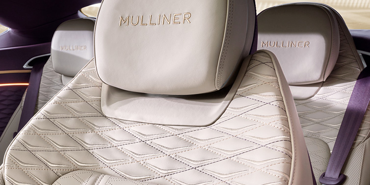 Bentley Marbella Bentley Continental GT Mulliner coupe seat detail in Linen leather with Mulliner Diamond in Diamond quilting and Mulliner embroidered seat emblem